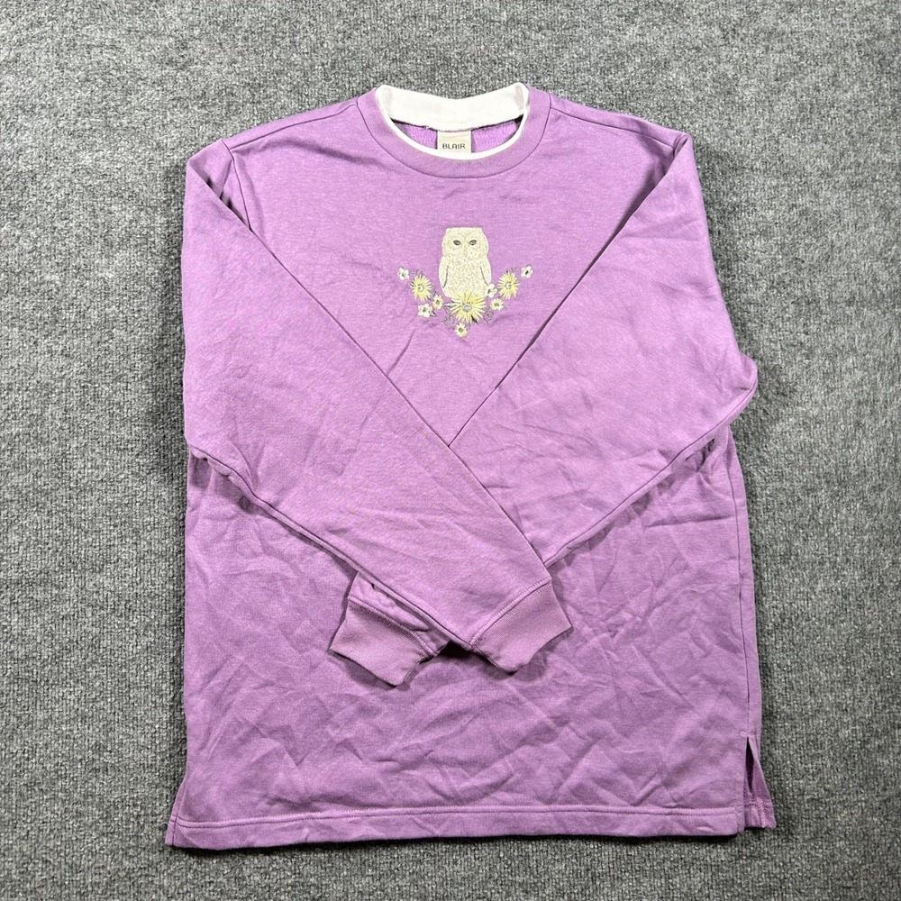 Blair Sweatshirt Womens Size M Purple Embroidered Owl Floral Crew Neck Fleece